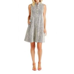 J MCLAUGHLIN XL Swing Dress Black Ivory Jacquard Leopard Print Mock Neck Mod EUC